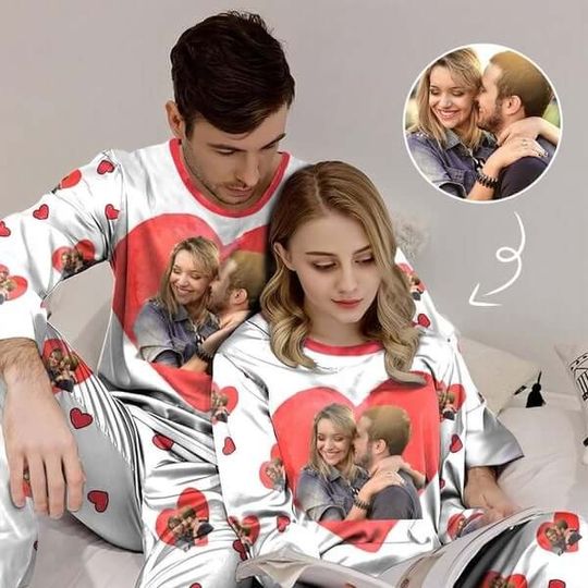 Discover Custom Photo Love Heart Couple Matching Pajamas Personalized Women Men Long Sleeve Pajamas Photo Gifts