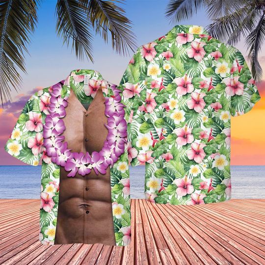 Discover Funny Abs Black Men Aloha Tropical Flowers Hawaiian Shirt