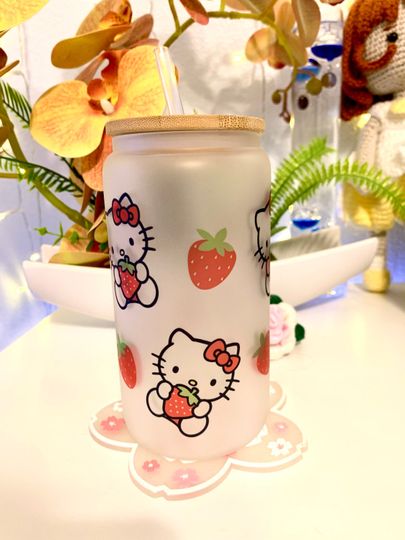 Discover Kawaii Kitty and and strawberries 16oz Glass Tumbler / Anime / Manga / Kawaii / Cute