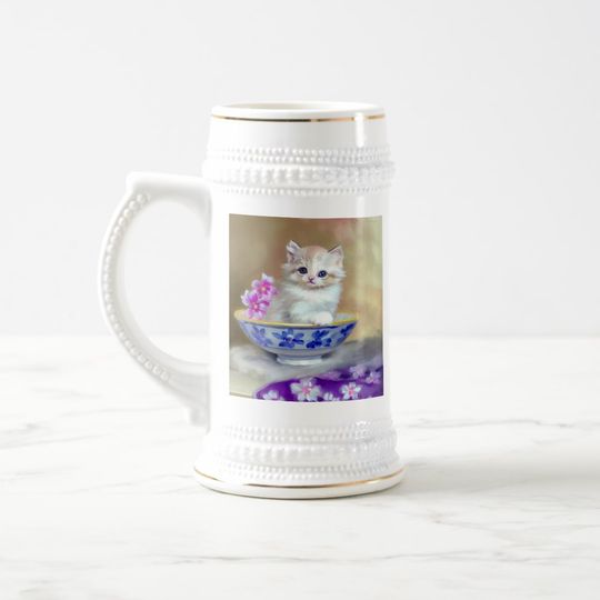 Discover Vintage White Kitten Illustration Beer Stein