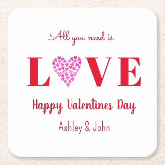 Discover Valentines Day Love Script Red Heart Square Paper Coaster