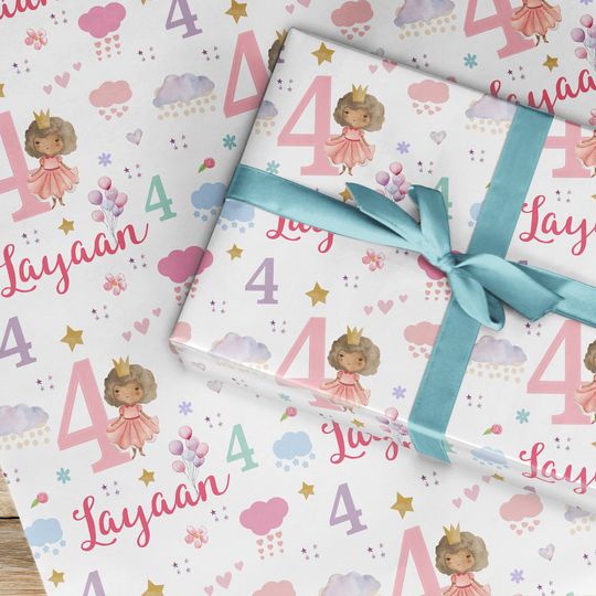 Discover Birthday Wrapping Paper Roll, Princess Gift Wrap Girl Clouds Pastel Sky Balloon