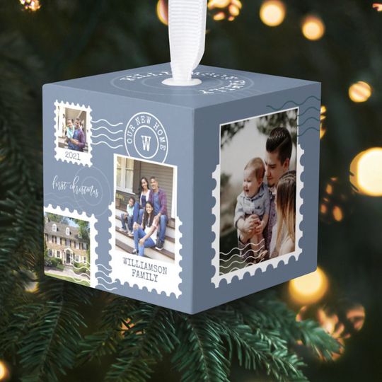 Discover First Christmas New Home Fun Postage Stamp Photos  Cube Ornament