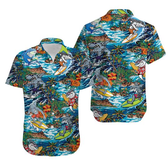 Discover Surfing Shark Tropical Island Beach Aloha Hawaiian Shirt