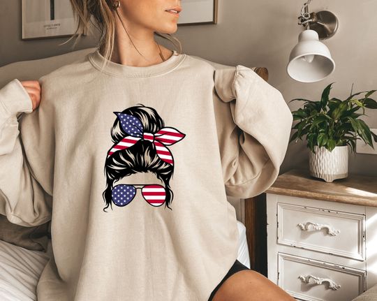Discover USA Girl Sweatshirt, 4th Of July Sweatshirt, Memorial Day, Independence USA Flag Tee, Cute Gift for Mom, American Flag Mom Bun Shirt,