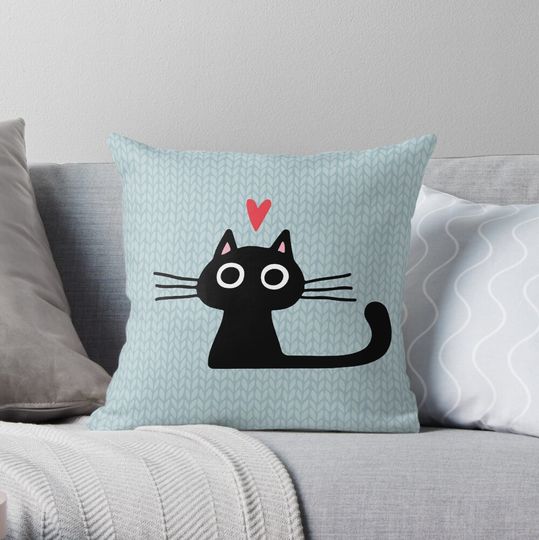 Discover Cute Black Cat with Heart | Kitten Valentine Throw Pillow