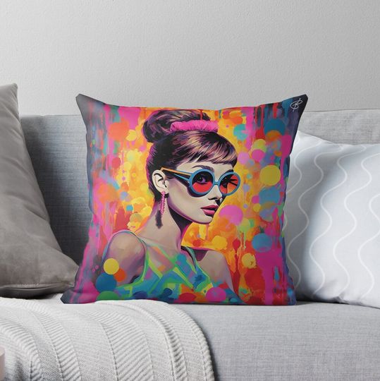 Discover Bashful Nightlife: Audrey Hepburn's Disco Glasses Throw Pillow