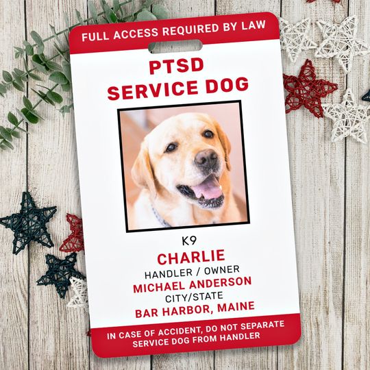 Discover Personalized Red White PTSD Service Dog Photo ID Badge