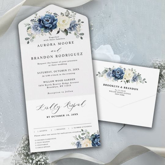 Discover Dusty Blue Navy Champagne Ivory Floral Wedding All In One Invitation