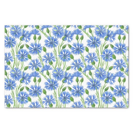 Discover Blue watercolor cornflowers, wild flowers on white tissue paper