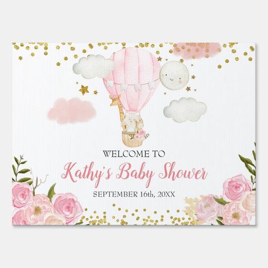 Discover Pink Hot air Balloon Baby Shower Welcome Yard Sign