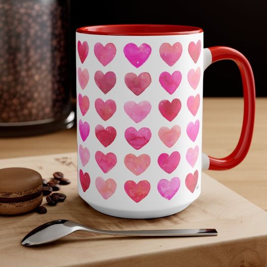 Discover Valentine's Pink and Red Heart Mug, Valentines Day Coffee Mug
