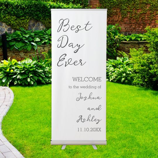 Discover Best Day Ever White Minimalist Wedding Welcome Retractable Banner