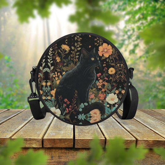 Discover Black Cat Forest Floral Round Satchel Bag, Vintage Woodland Nature Crossbody Bag