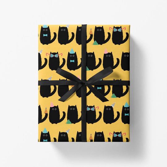 Discover Black Cat Party Wrapping Paper Sheet  Fun Wrapping Paper - Yellow Birthday Father's Day
