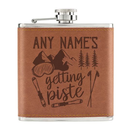 Discover Personalised Getting Piste Skiing 6oz PU Leather Hip Flask Tan Any Name