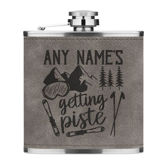 Discover Personalised Getting Piste Skiing 6oz PU Leather Hip Flask Grey Custom Name