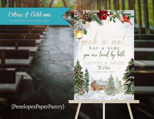 Discover Customizable Foam Core Sign for Winter Wedding - Pick A Seat