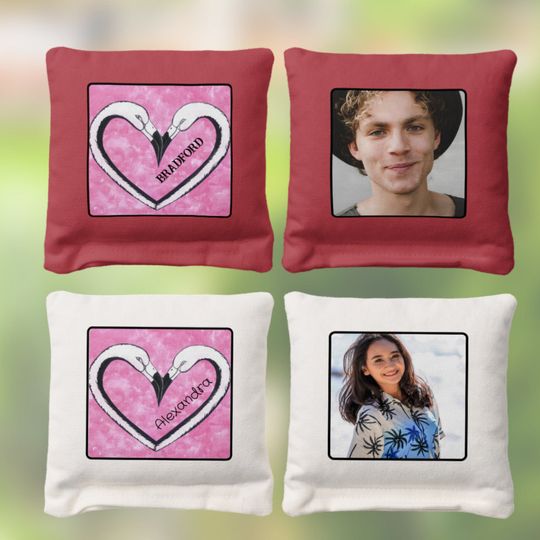 Discover Pink Flamingo Heart Couple's Names  Photo Template Cornhole Bags