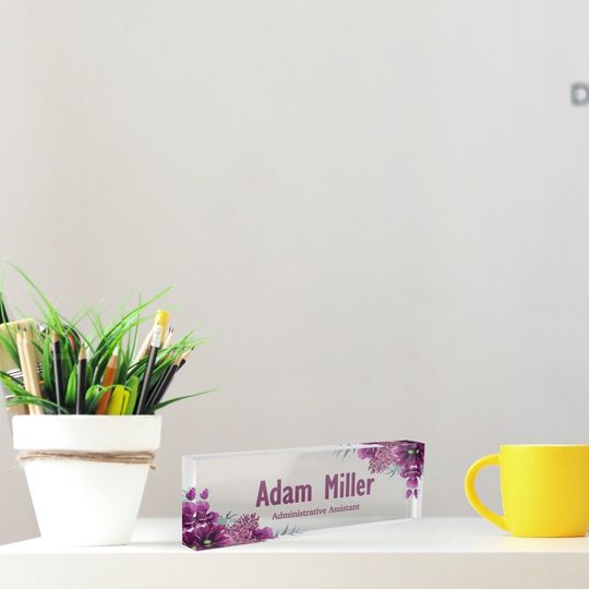 Discover Desk Name Plate, Purple Flowers Acrylic Name Plate, Personalized Business Gift