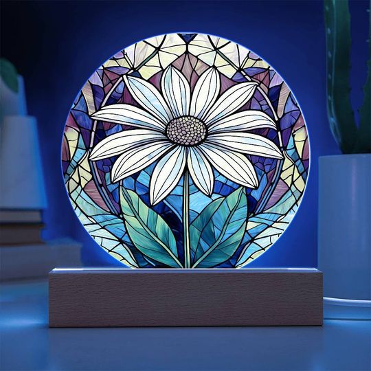 Discover Daisy Flower Birth Month Stained Glass Acrylic Plaque, Symbolic Nightlight Decor
