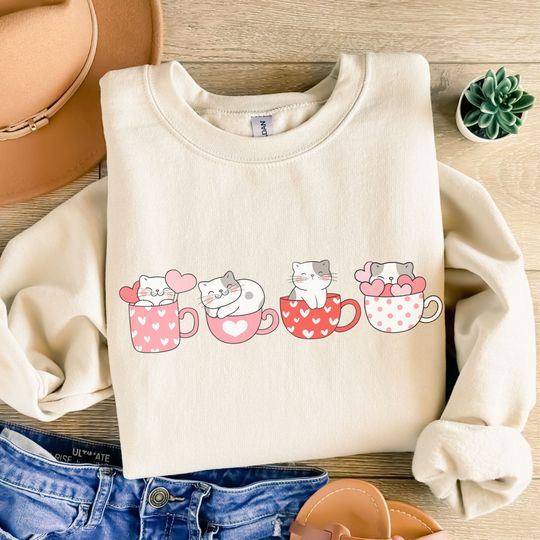 Discover Valentines Day Sweatshirt, Cat Lover Sweater, Cat Hearts Sweater