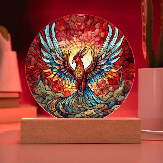 Discover Faux Stained Glass Phoenix Acrylic Nightlight Mythical Rebirth LED Lamp