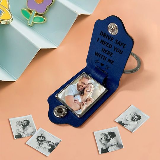 Discover Leather Photo Keychain for couple Personalized - Drive Safe I Need You Here With Me