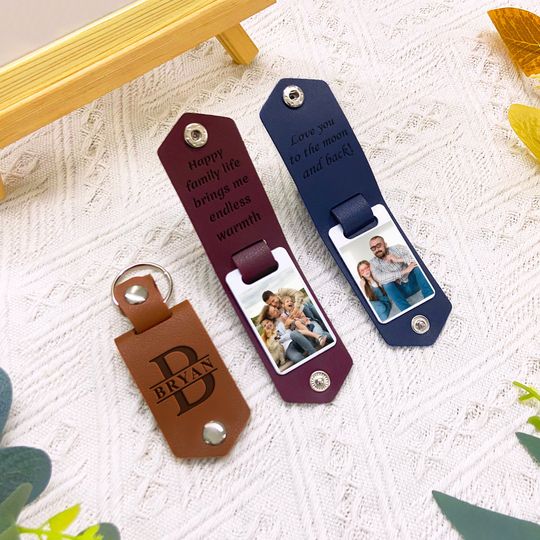 Discover Custom Photo Keychain, Personalized Leather Fathers Day Gift for New Dad, Groom Gifts