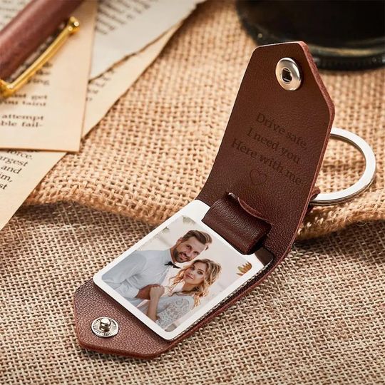 Discover Custom Couple Leather Photo Keychain, Personalized Photo Gift For Dad Memorial Keychain
