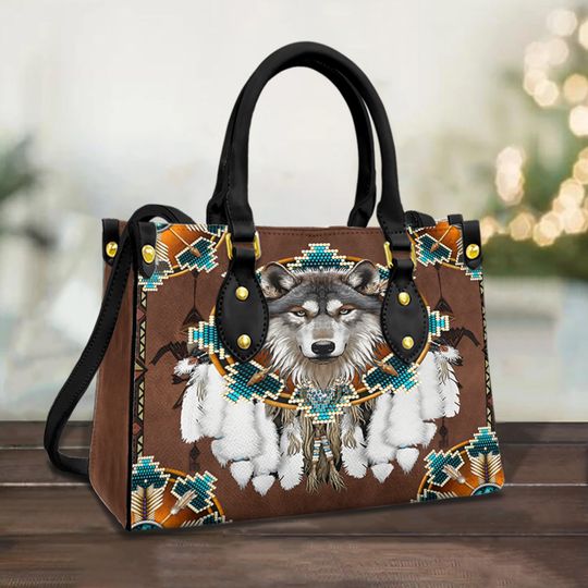 Discover Blue Mandala Feather Wolf Native Leather Bag