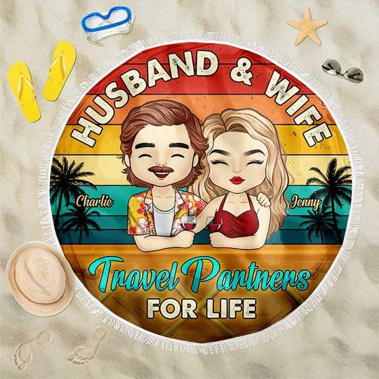 Discover Travel Partners For Life - Personalized Round Beach Towel - Gift For Couples, Husband Wife