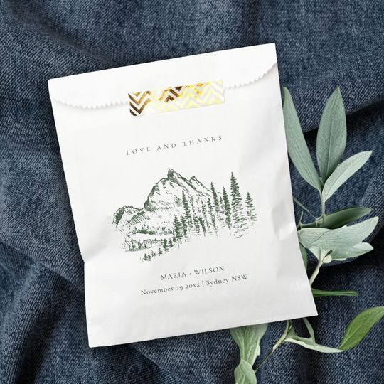 Discover Rustic Green Pine Woods Mountain Sketch Wedding Favor Bag