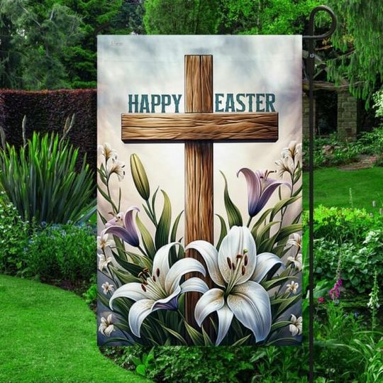Discover Happy Easter Christian Garden Flag, Christian Cross Lily Flower Double Sided Flag