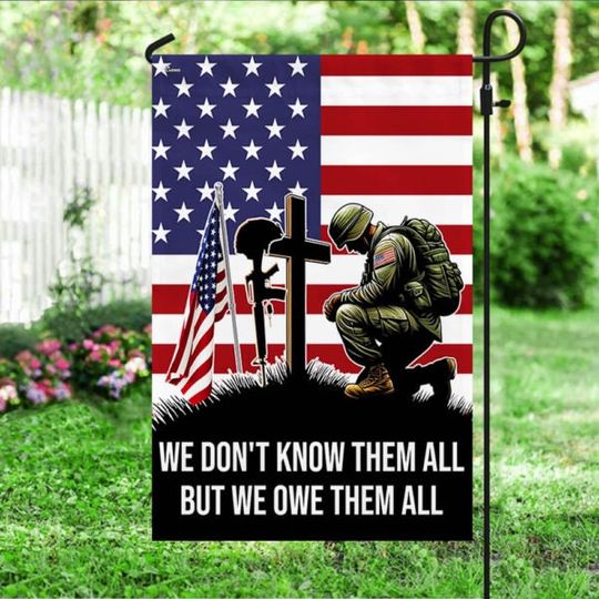 Discover Veteran Kneeling Soldier Christian Cross Garden Flag, We Owe Them All Double Sided Flag
