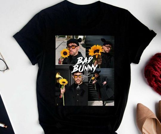 Discover Bad Bunny Sunflower Unisex T-Shirt Vintage Gift For Men Women Black Cotton Tee