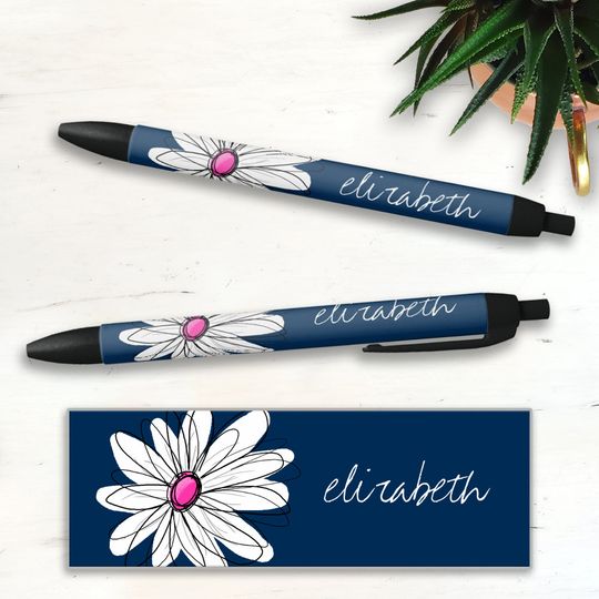 Discover Trendy Daisy Floral Illustration - navy and pink Black Ink Pen