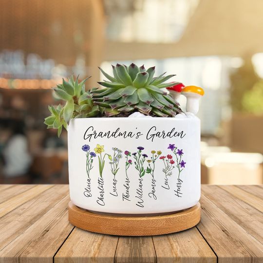 Discover Custom Birth Month Flower Plant Pot, Personalized Grandma's Garden Plant Pot, Mimi's Garden Grandkids Flower Pot
