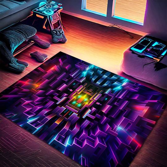 Discover Stylish 3D Neon Geometric Rug for Gamers