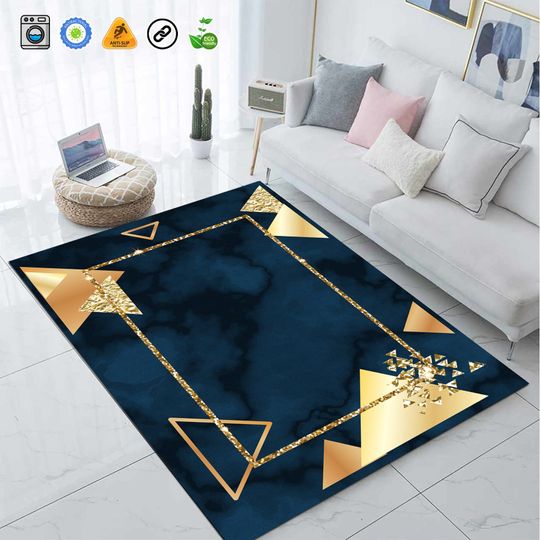 Discover Geometric marble pattern rug, Navy blue and gold, home Decor rug, area rug