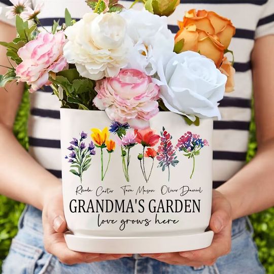 Discover Custom Grandma's Garden Plant Pot With Grandkids Name and Birth Month Flower For Mother's Day