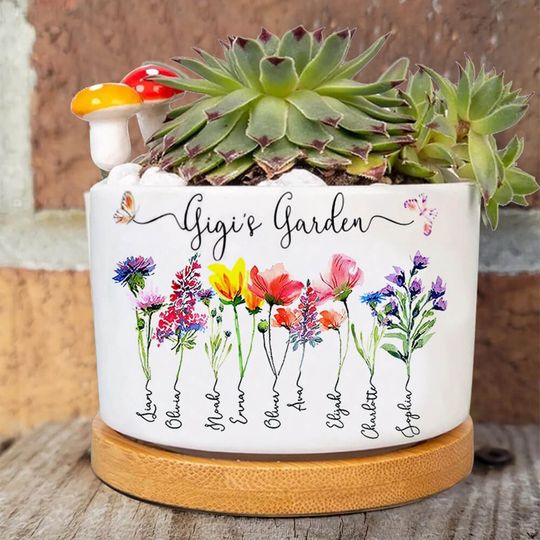 Discover Custom Gigi's Garden Plant Pot With Grandkids Name and Birth Month Flower For Mother's Day