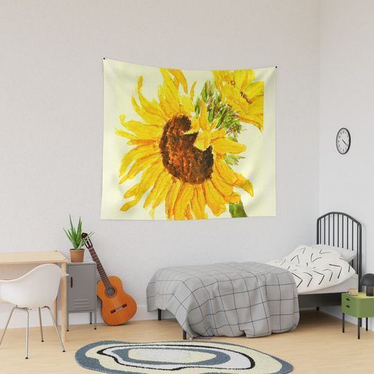 Discover sunflower watercolor painting macro Tapestry