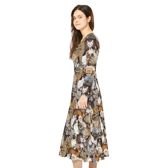 Discover Women's Long Sleeve Cat Print Midi Dress