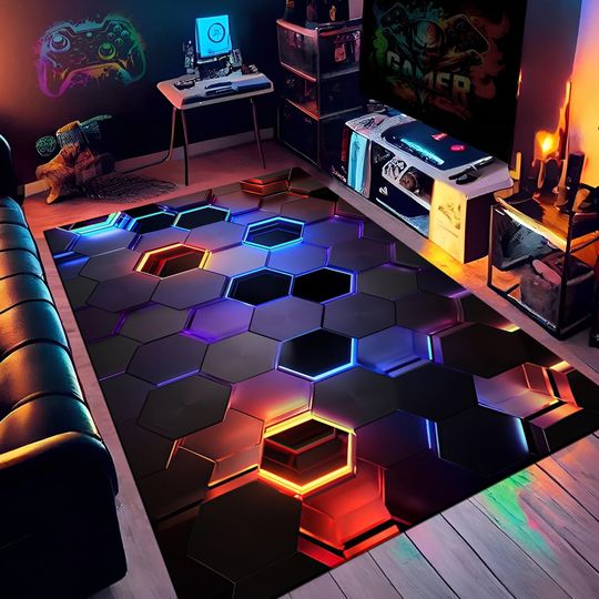 Discover 3D Rug, Neon Rug, Neon Geometric Rug, Gamer Decor, Colorful Rug, Gamer Room Rug