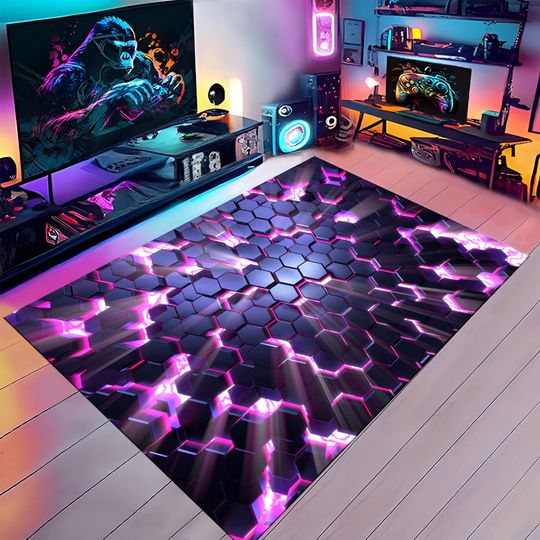 Discover 3D Rug, Hexagon Pattern Rug, Purple Rug, Neon Rug, Neon Geometric Rug, Gamer Decor