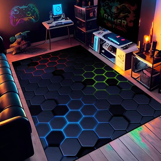 Discover 3D Rug,Neon Rug, Neon Geometric Rug, Gamer Decor, Colorful Rug, Gamer Room Rug