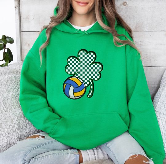 Discover Volleyball Shamrock St Patrick's Day Hoodie, Shamrock Hoodie, Lucky Hoodie