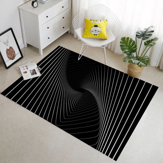 Discover Black Striped Illusion Rug - Artistic Vortex Design