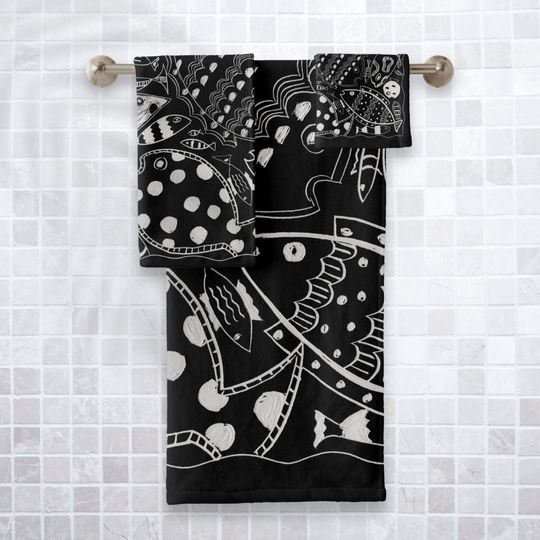 Discover Boho Black And White Whimsical Fish Pattern Bathroom Towel Set